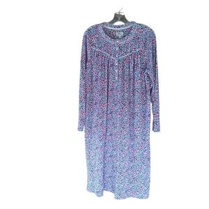Aria Collection Pink & Blue Floral Velour Long Sleeved Nightgown Medium